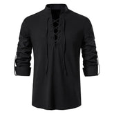 Shirt Cotton Linen Flax Tops Lace Up Long Sleeves Blouse Mens V Neck Medieval Costume Embroidery Tunic Casual Shirt ShedPoundsPortal