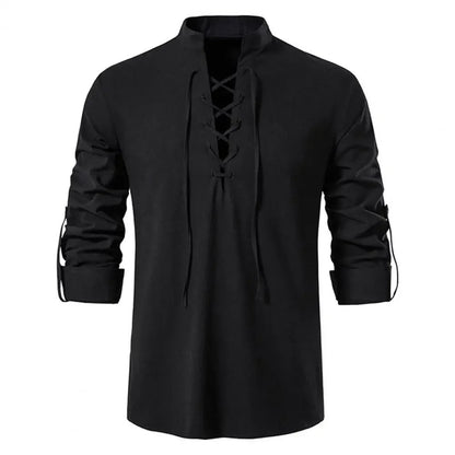 Shirt Cotton Linen Flax Tops Lace Up Long Sleeves Blouse Mens V Neck Medieval Costume Embroidery Tunic Casual Shirt ShedPoundsPortal
