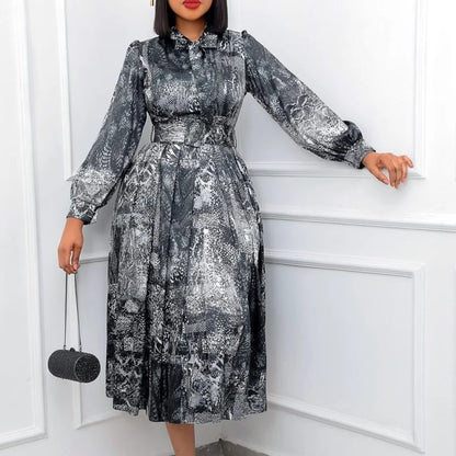 Elegant Dresses Woman 2025 Bow Collar Vintage Printed Full Sleeve A Line Mid Calf Luxury Female Birthday Party Dinner Vestidos
