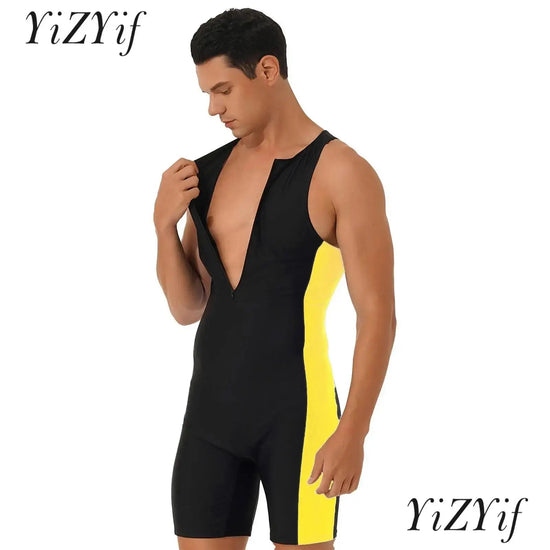 Men One-piece Swimwear Swimming Jumpsuit Patchwork Side Shorts Bodysuit Triathlon Wetsuit for Beach Pool Swimming Bathing Suit ShedPoundsPortal