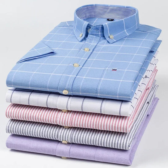 Cotton Fabric Breathable Men Oxford Short Sleeve Summer Plaid Striped Male Shirt Business Regular Fit Oversized Clothes ShedPoundsPortal