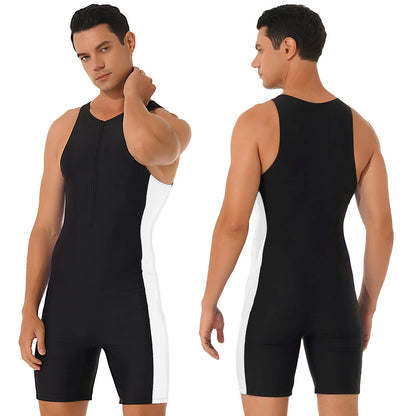 Mens Swimwear One-piece Wetsuit Swimming Bathing Suit Round Neck Sleeveless Side Shorts Bodysuit Triathlon Front Zipper Swimsuit ShedPoundsPortal
