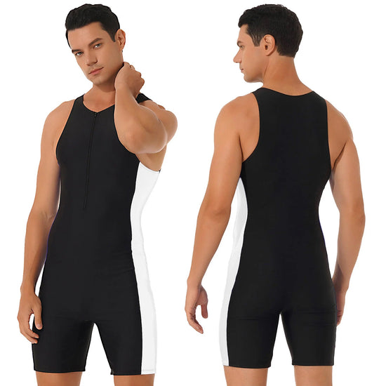 Mens Swimwear One-piece Wetsuit Swimming Bathing Suit Round Neck Sleeveless Side Shorts Bodysuit Triathlon Front Zipper Swimsuit ShedPoundsPortal