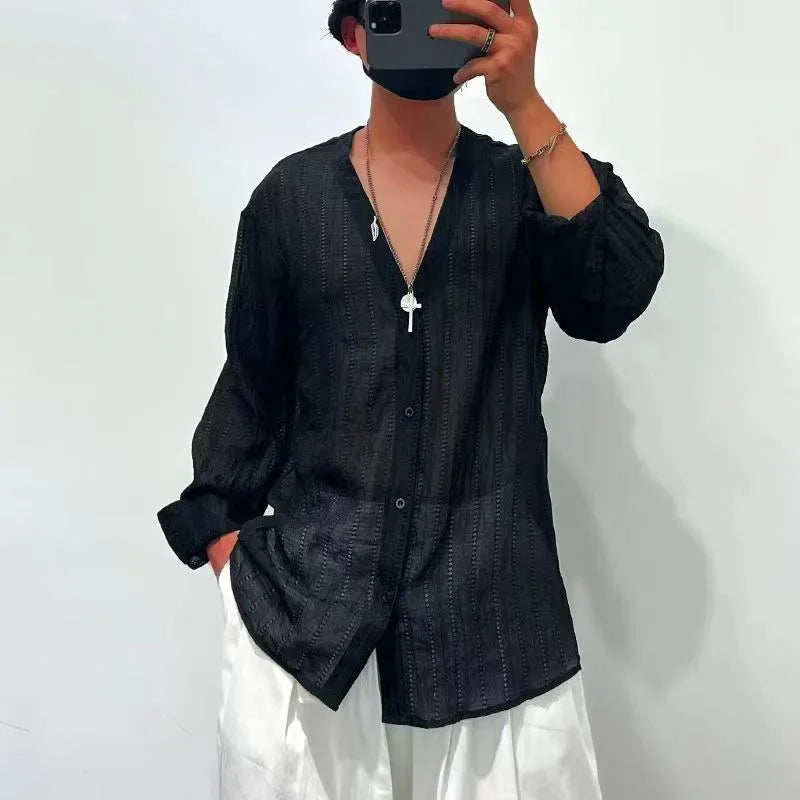 Mens Shirts Spring New Fashion Lace Long Sleeve Loose Casual T-shirt for Men ShedPoundsPortal