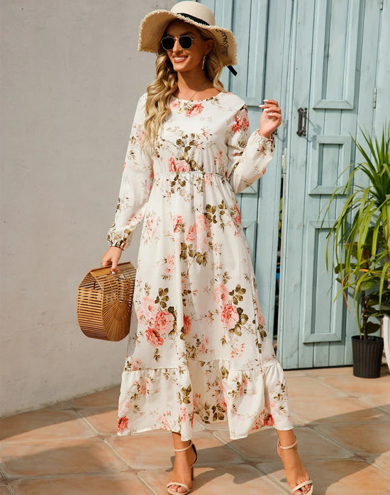 Women Eid Muslim Dresses Tight Waist O Neck Ruffles Spliced Casual Vestidos Flowers Dress Dubai Kaftan Islam Morocco Arab ShedPoundsPortal