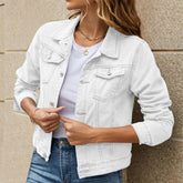 2025 Trend Womens Short Denim Jacket Classic Long Sleeve Boyfriend Jean Jacket Slim Fit Button Down Lapel Denim Coat Outwear ShedPoundsPortal