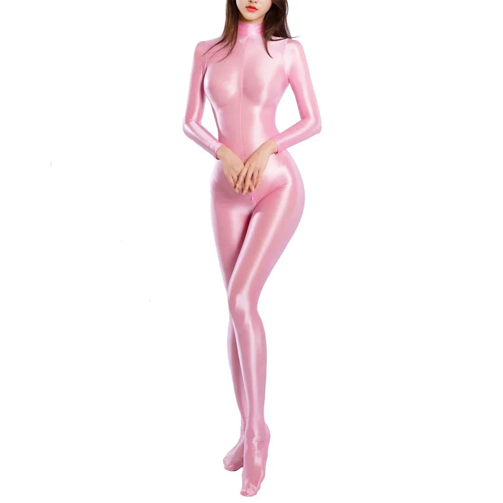 Sexy Women Zipper Full Body Jumpsuit Oil Glossy Sheer Solid Color Tights Bodysuits Long Sleeve Catsuits Smooth Swimsuits Rompers ShedPoundsPortal