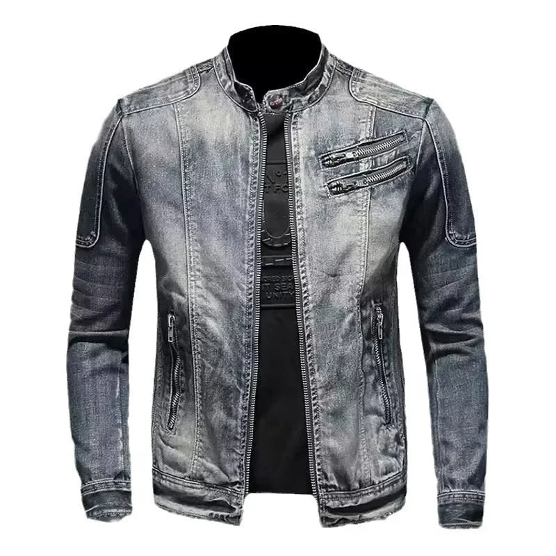 Trendy Stand Collar Zip-Uplapel Motorcycle Denim Jacket Unique Vintage Sports Top For Men Casual Trendy Brand Jacket ShedPoundsPortal