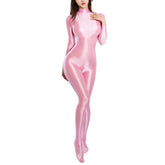 Sexy Women Zipper Full Body Jumpsuit Oil Glossy Sheer Solid Color Tights Bodysuits Long Sleeve Catsuits Smooth Swimsuits Rompers ShedPoundsPortal