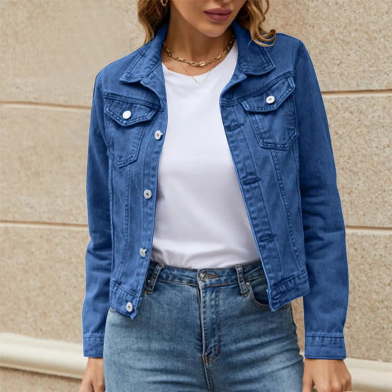 2025 Trend Womens Short Denim Jacket Classic Long Sleeve Boyfriend Jean Jacket Slim Fit Button Down Lapel Denim Coat Outwear ShedPoundsPortal