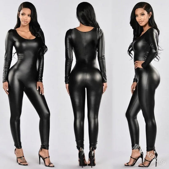 Women Jumpsuit Patent Leather Sexy Black Long Sleeve Jumpsuit Female Uniform Bodysuit ShedPoundsPortal
