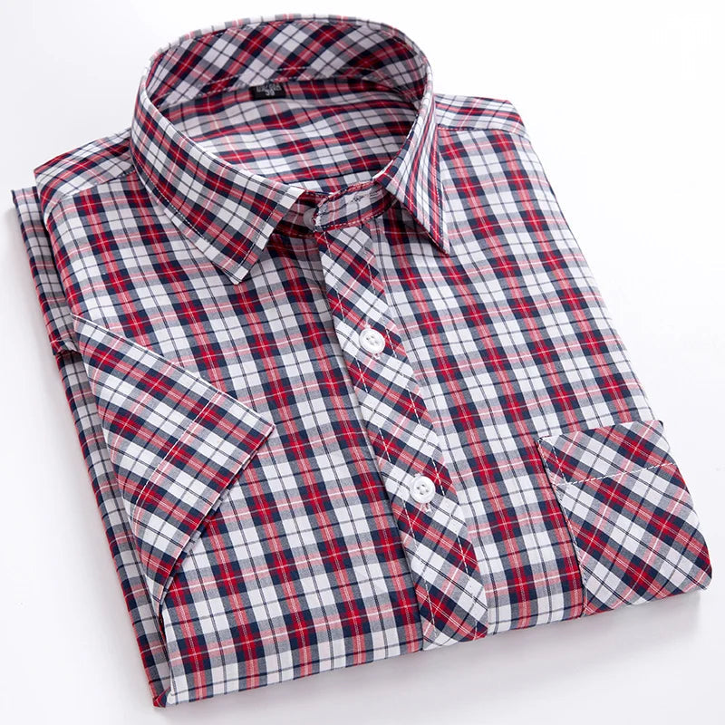 2025 Summer Cotton Plaid Short Sleeve Shirts For Men Plus Size Regular Fit Classic Young  England  Style Shirts Man&