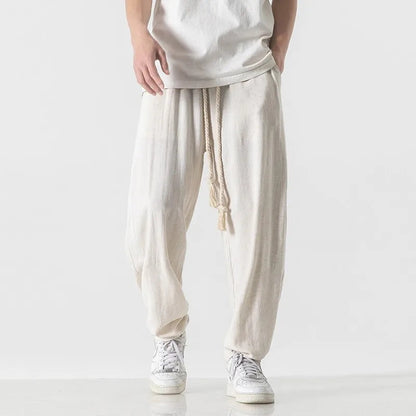 Mens Cotton Linen Pants Mens Summer Breathable Solid Color Harem Pants Male Streetwear White Trousers Men Ankle-Length Pants ShedPoundsPortal