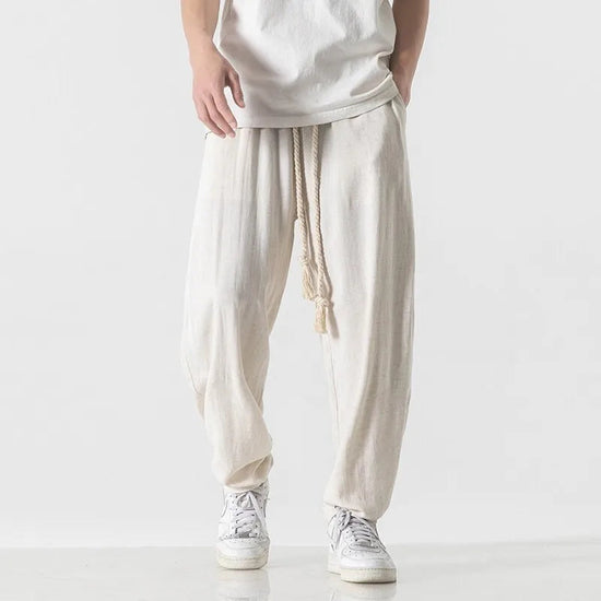 Mens Cotton Linen Pants Mens Summer Breathable Solid Color Harem Pants Male Streetwear White Trousers Men Ankle-Length Pants ShedPoundsPortal