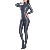 Sexy Women Zipper Full Body Jumpsuit Oil Glossy Sheer Solid Color Tights Bodysuits Long Sleeve Catsuits Smooth Swimsuits Rompers ShedPoundsPortal