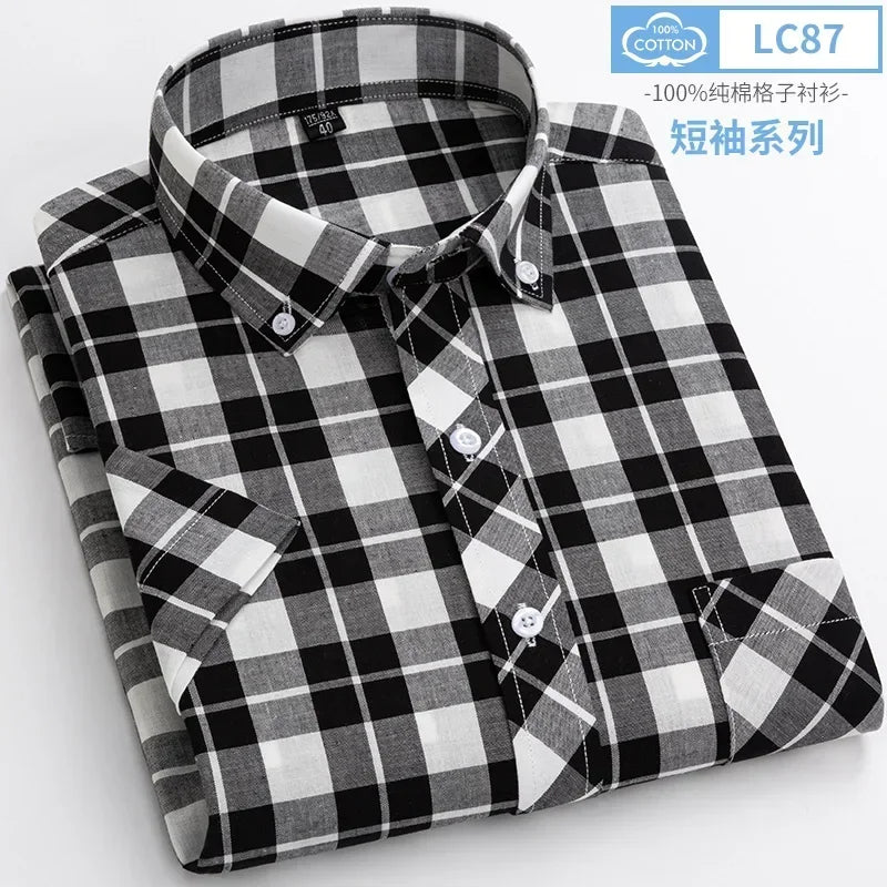 2025 Summer Cotton Plaid Short Sleeve Shirts For Men Plus Size Regular Fit Classic Young  England  Style Shirts Man&