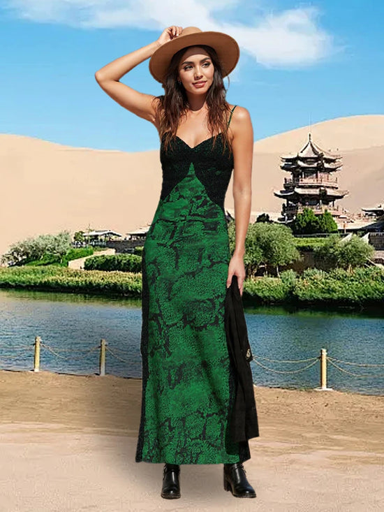 Women s Boho Floral Print Maxi Dress Sleeveless V-Neck Open Back Side Slit Beach Dress Summer Vacation Dress