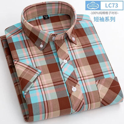 2025 Summer Cotton Plaid Short Sleeve Shirts For Men Plus Size Regular Fit Classic Young  England  Style Shirts Man&