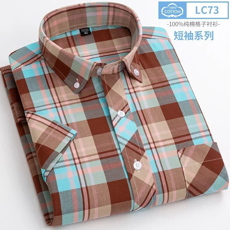 2025 Summer Cotton Plaid Short Sleeve Shirts For Men Plus Size Regular Fit Classic Young  England  Style Shirts Man&