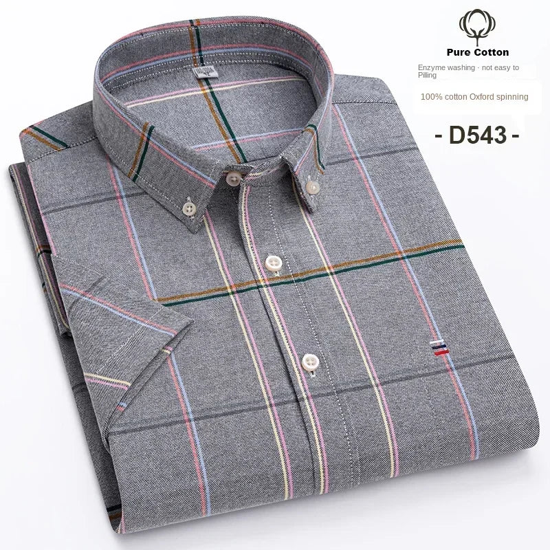 Cotton Fabric Breathable Men Oxford Short Sleeve Summer Plaid Striped Male Shirt Business Regular Fit Oversized Clothes ShedPoundsPortal