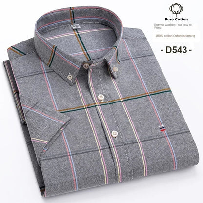 Cotton Fabric Breathable Men Oxford Short Sleeve Summer Plaid Striped Male Shirt Business Regular Fit Oversized Clothes ShedPoundsPortal