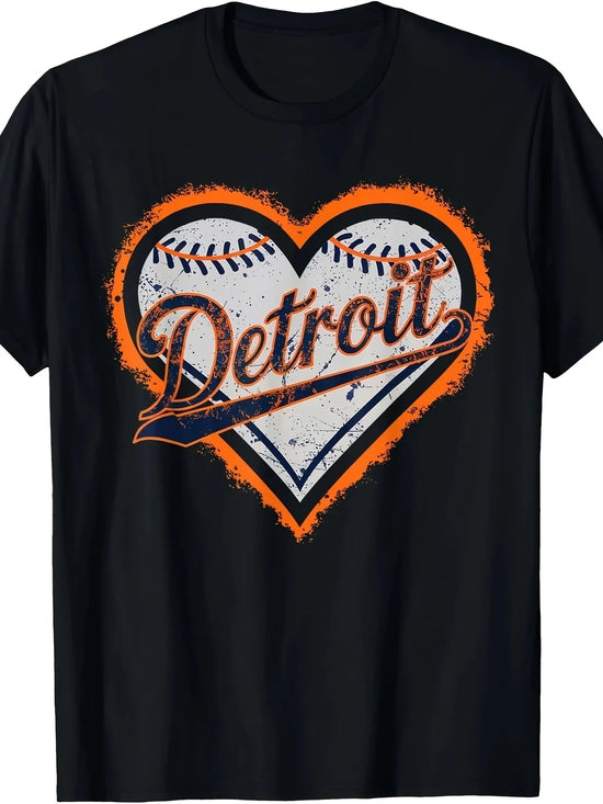 Detroit Heart Graphic T-Shirt 100% Cotton, Casual Crew Neck Short Sleeve, Men’s Fashion, Black with Orange White Baseball Design ShedPoundsPortal
