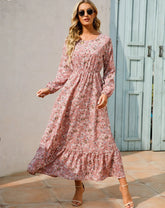 Women Eid Muslim Dresses Tight Waist O Neck Ruffles Spliced Casual Vestidos Flowers Dress Dubai Kaftan Islam Morocco Arab ShedPoundsPortal