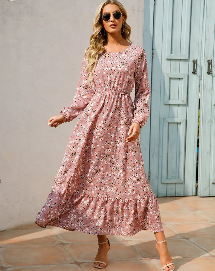 Women Eid Muslim Dresses Tight Waist O Neck Ruffles Spliced Casual Vestidos Flowers Dress Dubai Kaftan Islam Morocco Arab ShedPoundsPortal