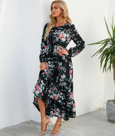 Women Eid Muslim Dresses Tight Waist O Neck Ruffles Spliced Casual Vestidos Flowers Dress Dubai Kaftan Islam Morocco Arab ShedPoundsPortal