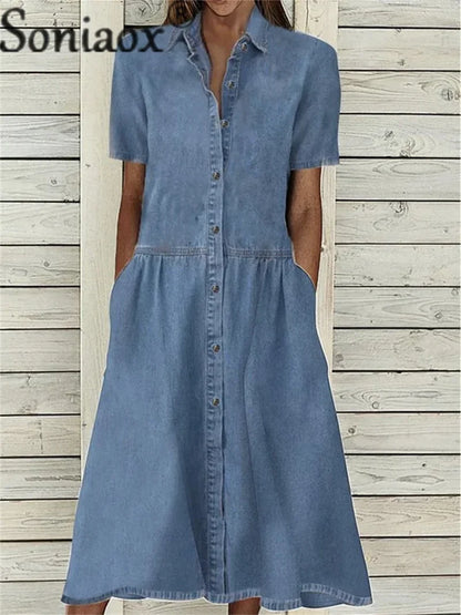 Elegant Solid Color Short Sleeve Denim Dress Summer Lapel Single-breasted Splice Dressy Female Comfortable Commuter Casual Gown