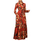 Elegant lapel print single breasted Waist tie long sleeved dress for spring and autumn women&