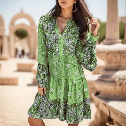 Dresses For Women Summer Casual Plus Size Womens Vintage Ethnic Printed Tassel Tie Neck Loose Fit Bohemian Tunic Woman Clothing