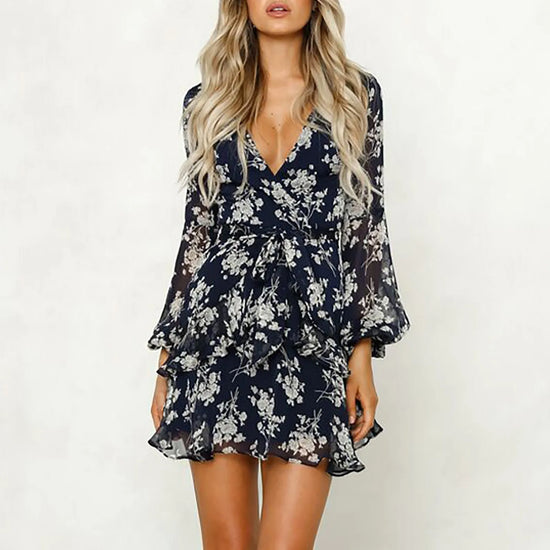Low Cut V Neck Sexy Dress Flared Long Sleeve Lace Dress Bohemian Print Lace Up Summer Dresses Qutfits Ultra-Thin Dresses