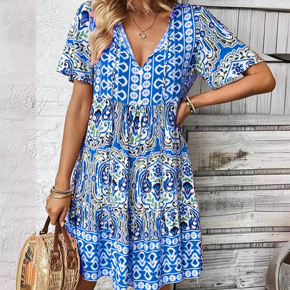 Fashionable Loose Fit Short Skirt Summer New V Neck Boho Ethnic Print Casual Dress Womens Sports Conservative Midi Dresses