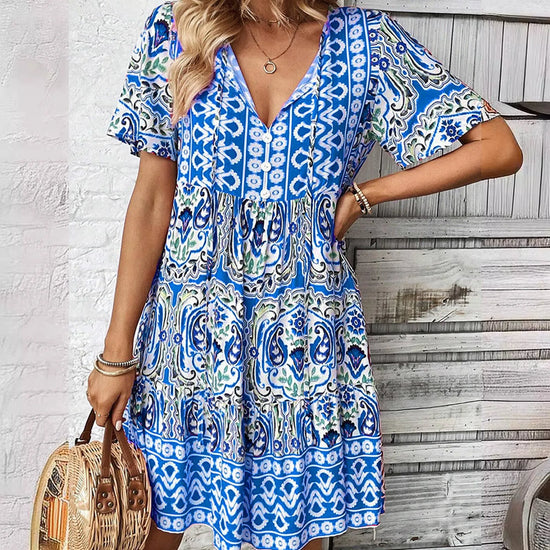 Fashionable Loose Fit Short Skirt Summer New V Neck Boho Ethnic Print Casual Dress Womens Sports Conservative Midi Dresses