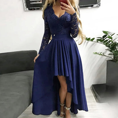 Elegant Satin V-Neck Maxi Dress with Lace Dovetail