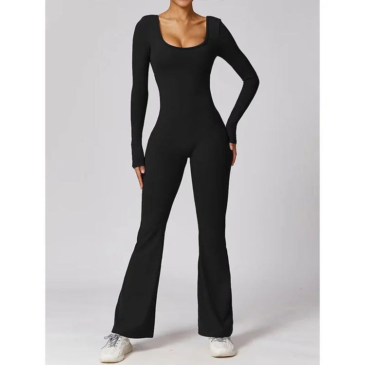 long sleeved jumpsuit U-neck tight and sexy backless jumpsuit for autumn and winter yoga sports and leisure series ShedPoundsPortal
