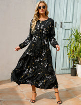 Women Eid Muslim Dresses Tight Waist O Neck Ruffles Spliced Casual Vestidos Flowers Dress Dubai Kaftan Islam Morocco Arab ShedPoundsPortal