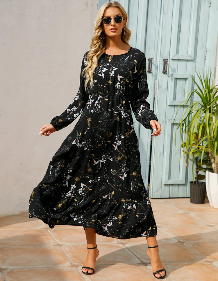 Women Eid Muslim Dresses Tight Waist O Neck Ruffles Spliced Casual Vestidos Flowers Dress Dubai Kaftan Islam Morocco Arab ShedPoundsPortal
