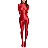 Sexy Women Zipper Full Body Jumpsuit Oil Glossy Sheer Solid Color Tights Bodysuits Long Sleeve Catsuits Smooth Swimsuits Rompers ShedPoundsPortal