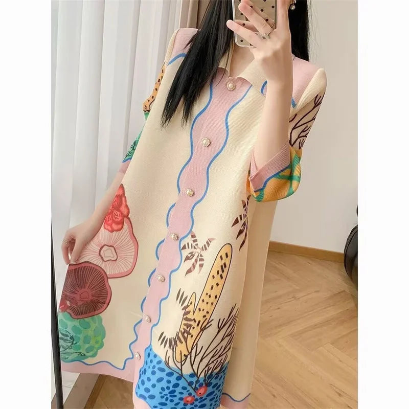 Womens Dresses Evening Dresses Beautiful Lssey Miyake Pleated Dress Summer new Fashion Lapel Loose Slim Long Print Fat mm Skirt ShedPoundsPortal