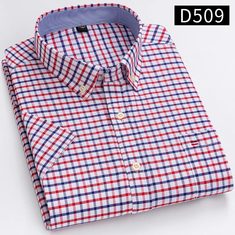 Cotton Fabric Breathable Men Oxford Short Sleeve Summer Plaid Striped Male Shirt Business Regular Fit Oversized Clothes ShedPoundsPortal