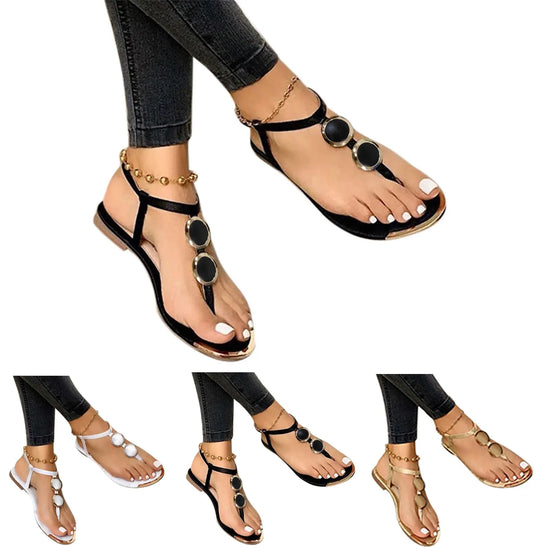 Summer Sandals Women Fashion Casual Beach Outdoor Flip Flop Sandals Metal Decoration Ladies Flat Roman Shoes Plus Size Sandals