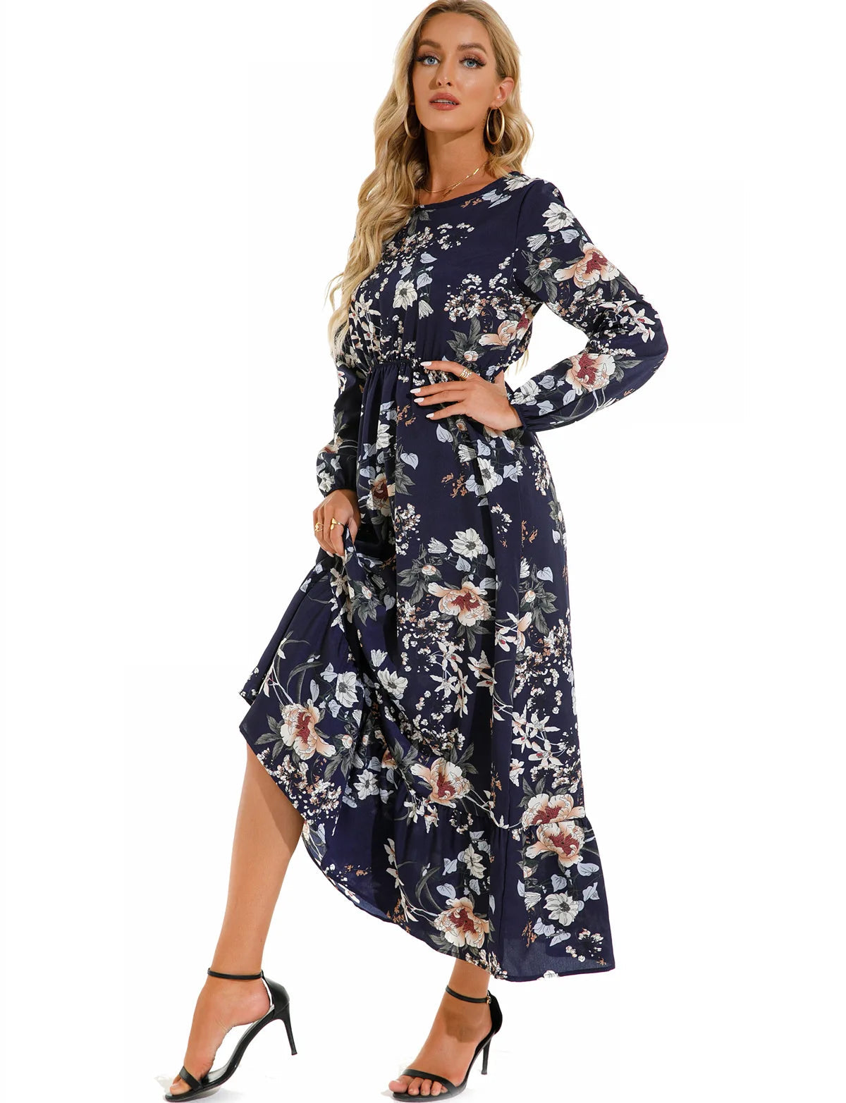 Women Eid Muslim Dresses Tight Waist O Neck Ruffles Spliced Casual Vestidos Flowers Dress Dubai Kaftan Islam Morocco Arab ShedPoundsPortal