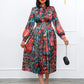 Elegant Dresses Woman 2025 Bow Collar Vintage Printed Full Sleeve A Line Mid Calf Luxury Female Birthday Party Dinner Vestidos