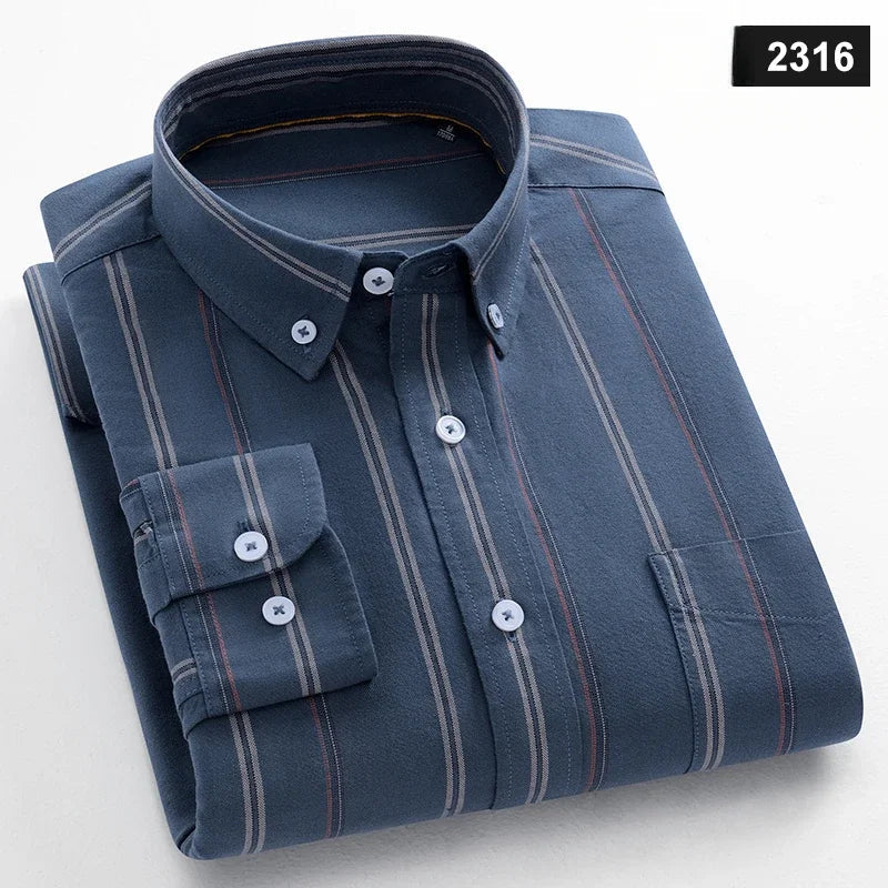 Casual Long-sleeve Shirts for Men Slim Fit Plain Shirt 100%cotton Plaid Striped Tops Soft Designer Fashion Korean Trends Clothes ShedPoundsPortal