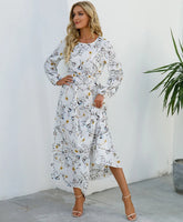 Women Eid Muslim Dresses Tight Waist O Neck Ruffles Spliced Casual Vestidos Flowers Dress Dubai Kaftan Islam Morocco Arab ShedPoundsPortal