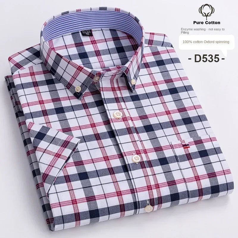 Cotton Fabric Breathable Men Oxford Short Sleeve Summer Plaid Striped Male Shirt Business Regular Fit Oversized Clothes ShedPoundsPortal
