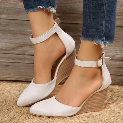 Fashion Women High Heel Sandals Closed Toe Solid Suede Pointed Wedge Heel Shoes Thick Bottom Buckle Sandals Female Footwear