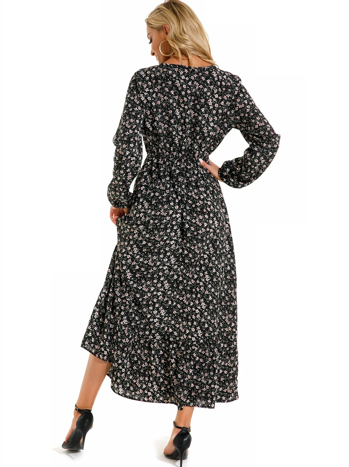 Women Eid Muslim Dresses Tight Waist O Neck Ruffles Spliced Casual Vestidos Flowers Dress Dubai Kaftan Islam Morocco Arab ShedPoundsPortal